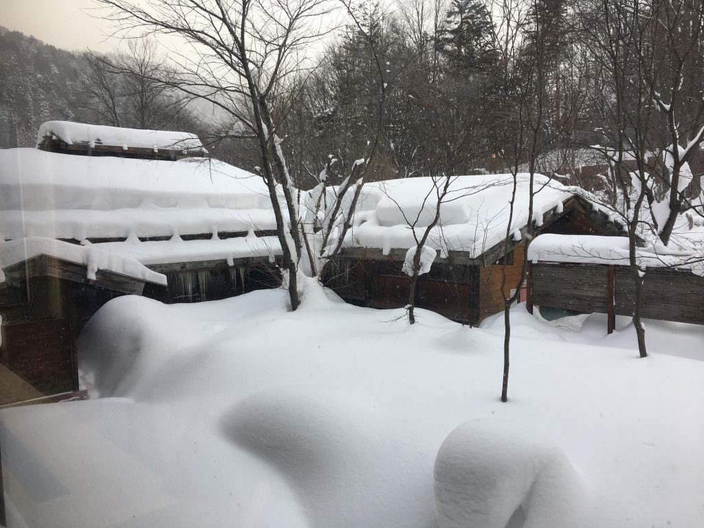 泡の湯旅館の外の雪景色